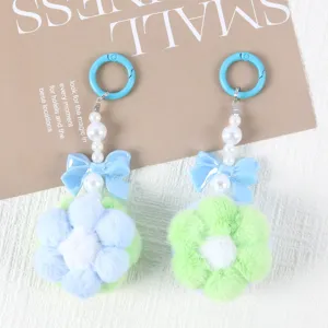 Cute handmade plush flower ball pendants with pearl beads and blue bow decoration