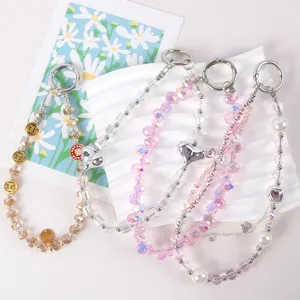 Bling crystal phone charm strap cute beaded wrist chain cute phone accessory pendant for women