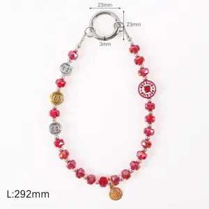 Crystal beaded phone charm wrist strap short mobile phone lanyard with metal ring and pendants.
