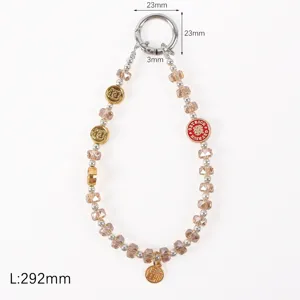 Crystal phone lanyard with sparkling beads, auspicious charms and metal ring for wrist decoration.