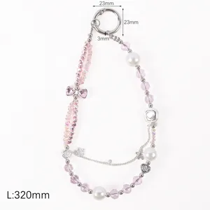 Pink crystal pearl phone charm strap cute bow wrist chain beaded sparkling glitter accessory