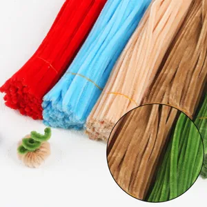Detail shot showing 6mm thick non-shedding pipe cleaners in various colors for DIY craft bouquets.