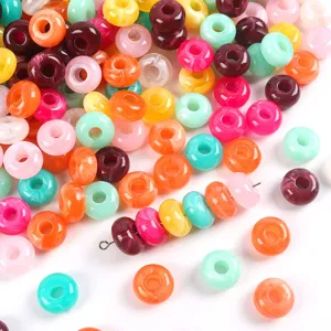 Acrylic donut beads detail shot, colorful loose craft beads for DIY handmade jewelry necklace accessories.