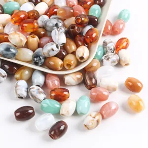 Perles tonneau ovales acryliques détail, accessoires DIY marbrés colorés pour bracelet et collier.