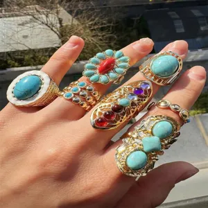 Bohemian vintage turquoise ring set, gold-plated statement rings for women fashion jewelry.