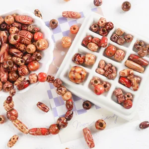 Natural Wood Beads Large Hole Printed Floral Pattern Barrel Round Spacer Beads For DIY Jewelry Making Bracelet Accessories Vintage Style