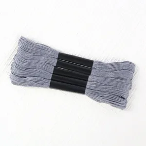 Close-up view of five skeins of premium grey 6-strand polyester embroidery thread