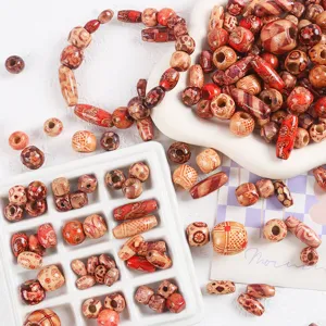 Natural wooden beads for DIY bracelets, large hole painted loose barrel beads crafting.