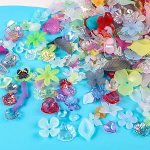 Macro close-up of colorful frosted and AB coated flower petal and leaf acrylic loose beads