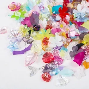 Detailed view of colorful matte and AB plated acrylic flower petal beads for DIY jewelry