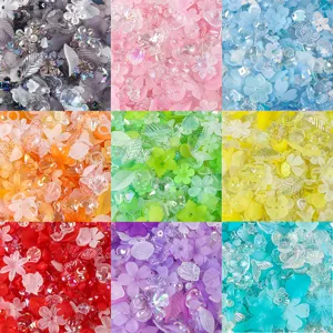 Collage of colorful matte AB plated flower and leaf acrylic beads for DIY crafts