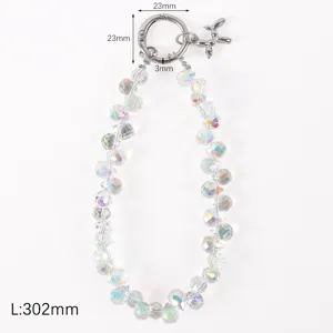 Crystal beaded phone wrist strap with metal ring and balloon dog pendant, length 302mm.