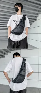 Professional detailed view of the black waterproof sling bag worn front and back by model.