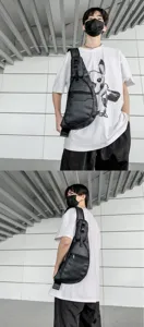 Detailed view of large capacity waterproof black chest bag for men in urban streetwear style