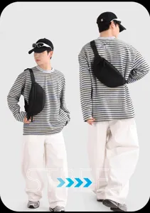 Close-up of a black outdoor sports waist bag worn by a model in dual poses.