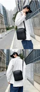 Professional urban lifestyle shot of a black PU leather crossbody bag worn by a model