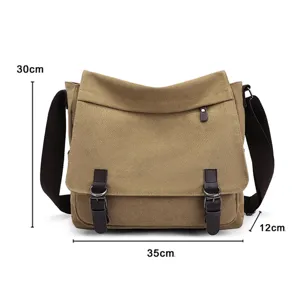 Khaki canvas messenger bag for men with dimensions 35x30x12 cm shown in detail view