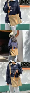 Grand sac cabas en toile kaki pour femme avec lanières en cuir orange et bandoulière réglable
