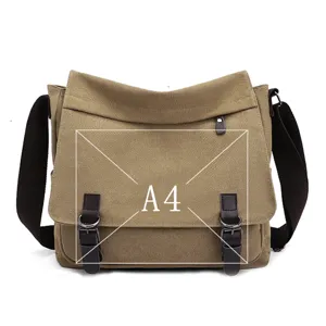 Large capacity khaki men's canvas messenger bag showing A4 size paper compatibility