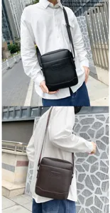 Men's textured PU leather messenger bag in black and brown, ideal for business casual.