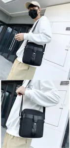 Men's black Oxford crossbody bag shown in a stylish urban outdoor setting with a model.