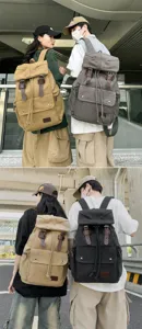 Models wearing durable canvas backpacks with drawstring closure in an urban setting