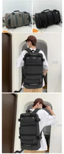 Versatile large capacity canvas travel backpack shown in multiple views and on model