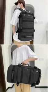 Large capacity black canvas travel bag shown in backpack and hand-carry modes