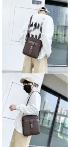 Brown men's casual crossbody bag worn by model, showing versatile outdoor lifestyle use.