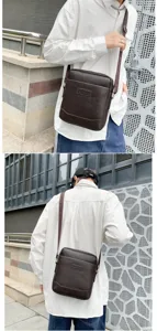 Detailed views of a brown PU leather messenger bag shown on model from front and back.
