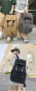 Lifestyle shots of durable canvas backpacks shown in khaki, grey, and black colors.