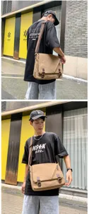 Durable vintage brown canvas messenger bag for men shown on model in urban setting