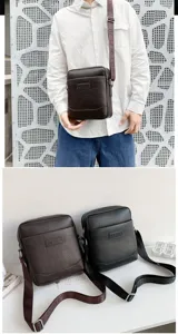 Detail of men's PU leather crossbody bag with litchi texture and adjustable strap