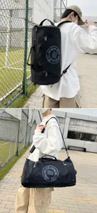 Black canvas gym duffel bag for sports and travel shown as a backpack and shoulder bag