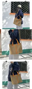 Détails du grand cabas en toile kaki porté par un mannequin