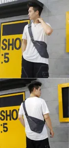 Detailed view of a slim anti-theft men's grey crossbody chest bag worn by an Asian male model