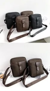 Detailed view of men's Oxford cloth crossbody bags in black and brown finishes