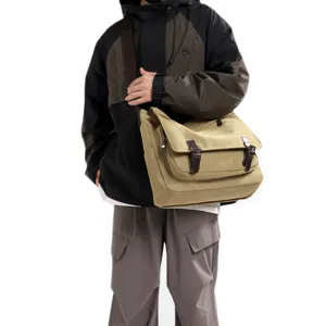 Large khaki canvas messenger bag for men, stylish street style laptop shoulder bag