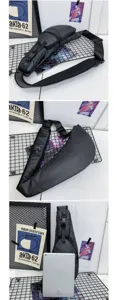 Detailed views of a black men's chest bag showing compartments and iPad size comparison