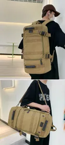 Large capacity khaki canvas travel bag shown in both backpack and shoulder bag styles.