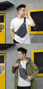 Men's slim anti-theft chest sling bag shown with smartphone storage and casual streetwear outfits
