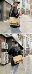 Urban style khaki canvas messenger bag for men shown from back and side perspective