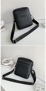 Black PU leather crossbody bag for men with pebble grain texture and adjustable strap