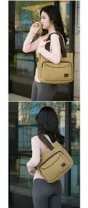 Detail view of khaki canvas tote bag worn as a shoulder and crossbody bag by model