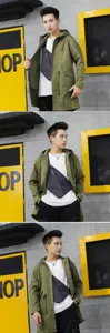 Men's grey anti-theft tactical chest bag shown in outdoor lifestyle on Asian model