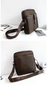 Detailed view of brown Oxford cloth men's crossbody bag with adjustable wide shoulder strap