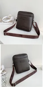 Detailed view of the dark brown textured PU leather messenger bag with wide fabric strap