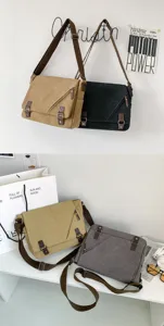 Canvas messenger bags for men shown in khaki black and grey colors in a lifestyle setting.
