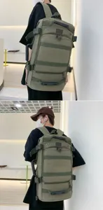 Detailed view of an army green large-capacity canvas backpack for outdoor travel