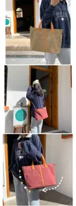 Le modèle présente un grand grand sac de shopping en toile dans un style urbain.
